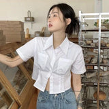 GORUNRUN-White Shirts Women Preppy Slim Crop Tops Student Summer Korean Fashion Short Sleeve Basic Turn Down Collar All Match Blouses New