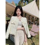 GORUNRUN-Vintage Tweed Woolen Coat Women Elegant Tassel Cropped Jackets Spring Autumn Korean White Single Breasted Short Outwear Tops New