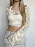 GORUNRUN Hollow Out Knit Cover up Pullover For Women Loose Beach Holiday High Waist Crop top Knitwear Sexy Long Sleeve Pullover New