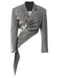 Gorunrun- Women Gray Irregular Pleated Elegant Blazer New Lapel Long Sleeve Loose Fit Jacket Fashion Tide Spring Autumn