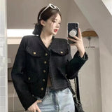 GORUNRUN-Black Cropped Tweed Jackets Women Vintage Tassel Basic Short Coats Korean Elegant Single-Breasted Casual Outerwear Spring Autumn