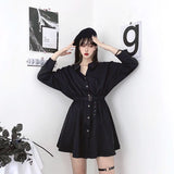 Gorunrun-hoco dresses -hoco dresses -S-4Xl Gothic Black Mini Dress Women Streetwear Belt Long Sleeve One Pieces Dresses Dark Academic Korean Bodycon A Line Vestidos