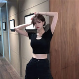 GORUNRUN-Sexy Streetwear Hollow Out Short Tshirts Solid Chains Crop Tops Tees Y2k Women Harajuku Camisetas High Waist Slim Summer