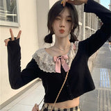 GORUNRUN-Hotsweet Lace Women Bow Long Sleeve Tshirts Kawaii Y2K Black Ballet Camisetas Aesthetic Sweet Crop Tops Tees Slim High Waist