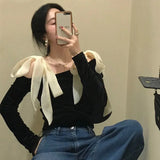 GORUNRUN-Vintage Shirts Women Sexy Slash Neck Bow Blouses Office Lady Elegant Korean Retro Black Off Shoulder Bandage Slim Casual Tops