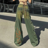 GORUNRUN-Grunge Fairycore Cargo Pants Denim Y2K Aesthetic Chic Dragon Embroidery Women Jeans Baggy Distressed Chic Trousers