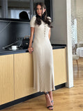 GORUNRUN Ribbed High Waist Slim Maxi Dress For Women Knitwear Lapel Casual Elegant Party Dress Gown Fashion Short Sleeve Knit Dress