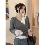 GORUNRUN-Fashion Sweater Women Patchwork Knitted Pullovers Korean V Neck Knitwears Streetwear Irregular Buttons Chic Loose Jumpers New