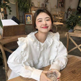 GORUNRUN-Vintage Ruffles Shirts Women Korean White Long Sleeve Blouses Japanese Streetwear Peter Pan Collar Designe Loose Casual Tops New