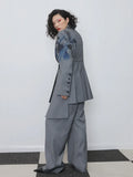 Gorunrun-  Women Gray Pattern Pleated Asymmetrical Blazer New Lapel Long Sleeve Loose Fit  Jacket Fashion Spring Autumn