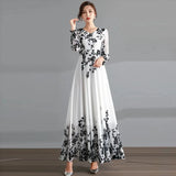 GORUNRUN-Ink Painting Long-Sleeved Chiffon Dress Women Spring Summer New Temperament Is Thin and Long Large Swing Holiday Long Skirt