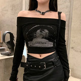 GORUNRUN-Black Slash Neck Tops High Waist Letter Print Tshirts Skinny Crop Top Women Off Shoulder Sexy Long Sleeve Camisetas Y2k Tees