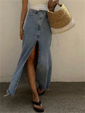 GORUNRUN 2023 New Casual High Waist Denim Skirts Women Spilt Out Maxi Jean Skirt Summer Holiday Long Skirts