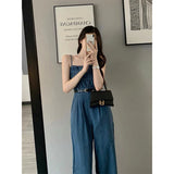 GORUNRUN-Denim Overalls Women Belt Wide Leg Jumpsuits Streetwear Korean Suspender Pants High Waist Sleeveless Strap Jeans Trousers New