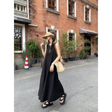 GORUNRUN-Cotton Linen Midi Dress Women Vacation Hollow Out Sundress Elegant Black Sleeveless One Pieces Dresses Summer Korean Vestidos