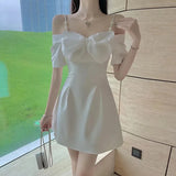 Gorunrun-hoco dresses -hoco dresses -Gorunrun-hoco dresses -hoco dresses  Bow Sexy Slash Neck Dress Women Summer Korean Elegant White Mini Dress Fashion All Match Party Night Camis Vestidos