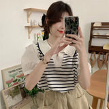 GORUNRUN-Fake Two Piece Patchwork Korean Knitted Tshirts Puff Sleeve Women Turn-down Collar Ice Silk Tees Loose Striped Y2k Camisetas