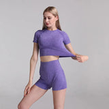 GORUNRUN-2PCS Seamless Women Yoga Set Workout Sportswear Gym Clothing Fitness Short Sleeve Shirt Crop Top High Waist Shorts  Sports Suits