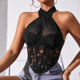 GORUNRUN-Sexy Lace Halter Crop Top Camisole Stitching Tank Top Bustier Women Sleeveless Lingerie Tube Tops Ladies Slim Corset Vest Summer