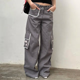 GORUNRUN-Woman Denim Pants Loose Trousers Low Waist Sweatpants Floor-Length Cargo Pockets Pants Bell Bottoms Hiking Design Pant Y2K