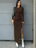 GORUNRUN Solid Bandage Casual Maxi Dress For Women Long Sleeve Bodycon Slim High Split Hollow Out High Waist Long Dress Clothes