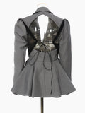 Gorunrun-  Women Gray Backless Mesh Ruffles Elegant Blazer New Lapel Long Sleeve Loose Fit Jacket Fashion Spring Autumn