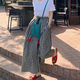 GORUNRUN Retro Plaid Wide Leg Pants Women Streetwear High Waist Drawstring Loose Casual Trousers Summer Korean All Match Skirt Pant