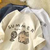 GORUNRUN American Street Creative Blow Fan Cat Pure Cotton T-shirt for Men and Women Summer Relaxed Short Sleeve Couple Wear INS Top