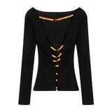 GORUNRUN-Shoulder Blackless T Shirts Women Sexy Coquette Aesthetic Crop Tops Wooden Beaded Solid Long Sleeve Tees 2024 New