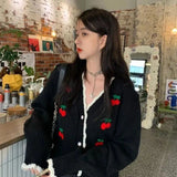 GORUNRUN-Sweet Knit Cardigan Women Y2K Cherry V Neck Crop Sweaters Korean Preppy Streetwear Fashion Patchwork Casual Short Outwear Top