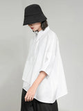 Gorunrun- Women White Irregular Big Size Casual Blouse New Lapel Three-quarter Sleeve Shirt Fashion Tide Spring Autumn