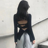 GORUNRUN-Y2K Black T Shirt Women Sexy Backless Bandage Slim Tops Korean Streetwear Vintage Hollow Out Lace Up Long Sleeve Casual Tees New