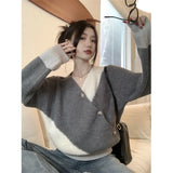 GORUNRUN-Fashion Sweater Women Patchwork Knitted Pullovers Korean V Neck Knitwears Streetwear Irregular Buttons Chic Loose Jumpers New