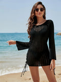 Gorunrun-hoco dresses -hoco dresses  Knit Backless Mini Dress Cover up For Women Beach Holiday Loose Hollow Out Fashion Black Lace-Up Dress Female Cover up New