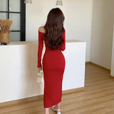 Gorunrun-hirigin Elegant Women Fall Casual Off Shoulder Bodycon Sweater Dress Long Sleeve Slim Fit Knitted Long Pullover Pencil Dress