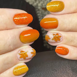 Gorunrun-Fall Nails DIY 24Pcs Orange Short Shiny Oval Press-On Nail Set Autumn Winter Maple Leaf Pattern False Nails Reusable Nail Tips for Women&girls