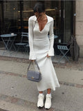 GORUNRUN White High Waist Knitwear Dress Fashion Women Rib Lapel Autumn 2023 Slim Elegant Long Dress Casual Knit Solid Party Dress