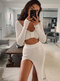 GORUNRUN Knitted Two Piece Dress Women Outfits Long Sleeve Crop Top and Midi Skirt High Split Out Dress Set Female Bodycon White