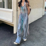 GORUNRUN-Y2K Tie Dye Tulle Midi Dress Women Streetwear Sheer Spaghetti Strap One Pieces Dresses Korean Harajuku Mesh See Through Vestidos