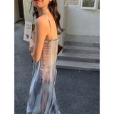 GORUNRUN-Y2K Tie Dye Tulle Midi Dress Women Streetwear Sheer Spaghetti Strap One Pieces Dresses Korean Harajuku Mesh See Through Vestidos