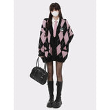 GORUNRUN-Preppy Argyle Knitted Cardigan Women Y2K Oversized Patchwork Sweater Coat Harajuku V Neck Knitwear Korean Casual Jumper Tops New