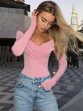 GORUNRUN V-Neck Summer Patchwork T-shirt Cropped Top For Women Fashion Mesh Long Sleeve Sexy Off-Shoulder Female Y2k Top Tee 2024