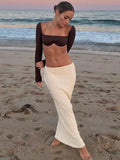 GORUNRUN Summer Knit Long Skirt Women Sexy Holiday Party Beach Cove-Up Midi Skirts Dropped Waist See Through Wrap White Maxi Skirt