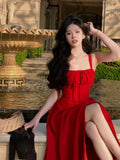 Gorunrun-French Elegant White Strap Midi Dress 2023 Summer New Casual Evening Party Dress Women Beach Sleeveless Lace-up Red Dress Korean