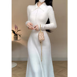 Gorunrun-Elegant White Knitted Dresses for Women 2023 Autumn Winter Korean Fashion Slim A-line Long Sleeves Sweater Casual Female Clothes