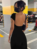 GORUNRUN Hot Backless Female Black Dress Slim Summer Sleeveless Patchwork High Waist Solid Long Dress Women's Elegant Party Dress