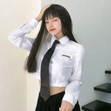 GORUNRUN-Cropped White Shirts Women Japanese Jk Tie Long Sleeve Blouses Harajuku Preppy Korean Fashion Slim All Match Sexy Crop Tops New