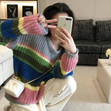 GORUNRUN-Y2K Striped Sweater Women Rainbow Patchwork Knitted Jumper Streetwear Harajuku Oversized Casual Knitwear Korean Pullovers Tops