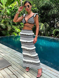 GORUNRUN Knit Zebra Printed Striped Maxi Skirt Sets Female Ruffled Bikini Top 2 Piece-Set Fashion Outfits Knitwear Long Skirt Sets