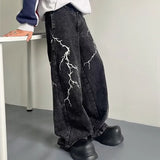 Gorunrun-Streetwear y2k 90s Fashion Hip Pop Style 2000s 2024 Cyber Y2K Streetwear Embroidery Lightning Black Baggy Jeans Pants Men 90S Vintage Clothes Wide Leg Hip Hop Long Trousers